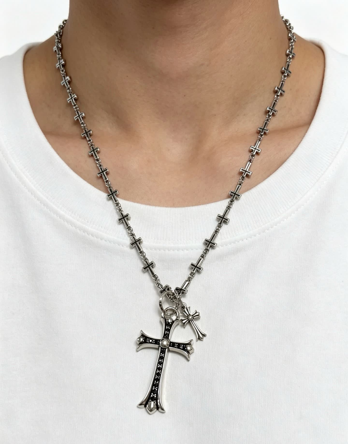 Chrome Hearts Silver Cross Necklace with Black Inlay